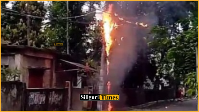 Fire breaks out on electric pole in Siliguri’s Ward No. 24, high-voltage wire falls on road