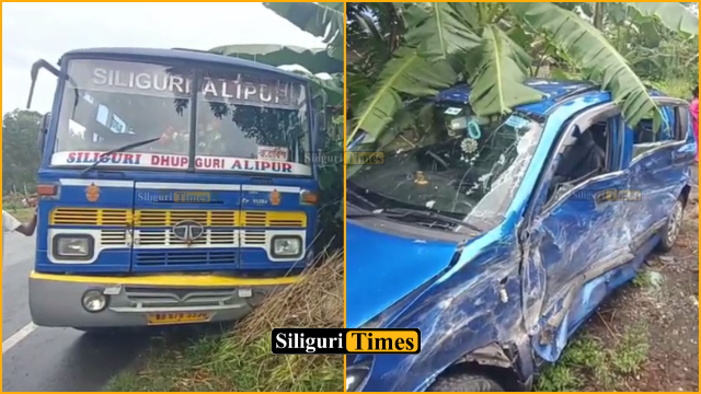 Private bus and car collide on Siliguri-Jalpaiguri NH, 3 injured