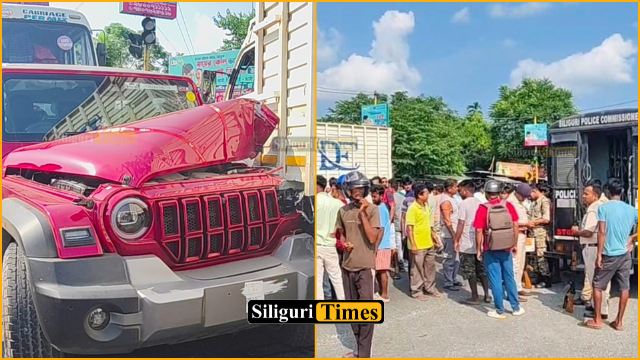 Five vehicles, including prison van, damaged in container truck crash at Gandar More in Rajganj; motorcycle rider critically injured