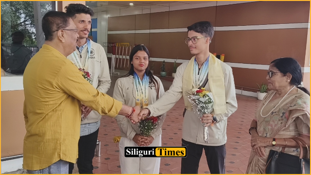 Three athletes felicitated at Bagdogra Airport after winning medals at Asia-Pacific Deaf Multi-Sport Championship 2026 in Malaysia